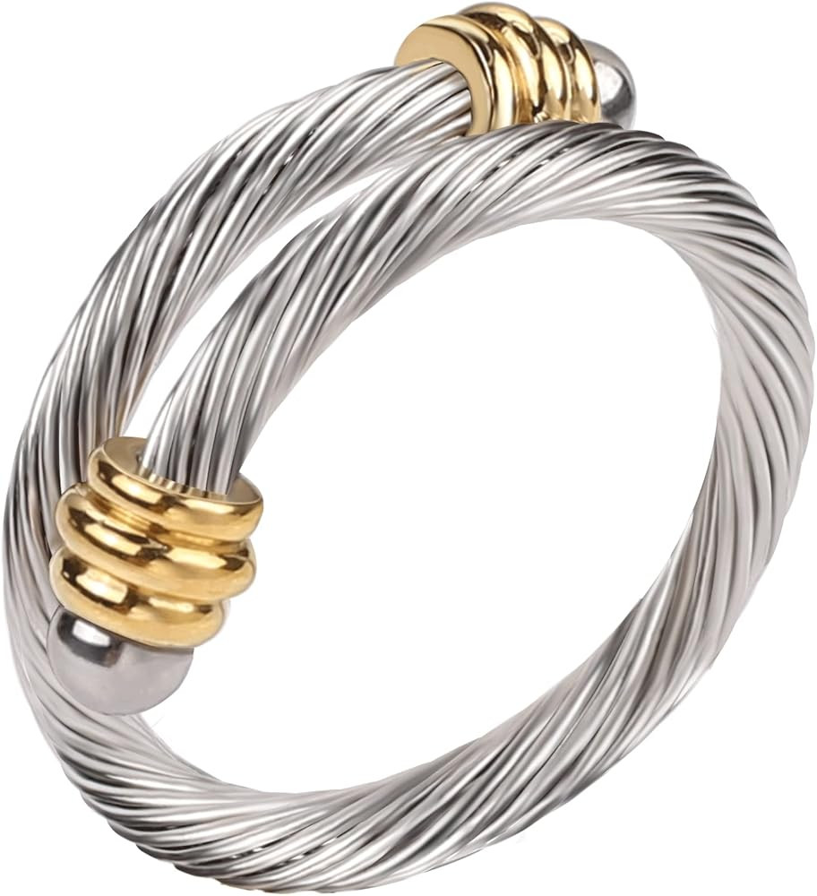 Twisted Cable Wire Rings for Women, Adjustable Stainless Steel Open ring in Two Tone Silver Gold ... | Amazon (US)