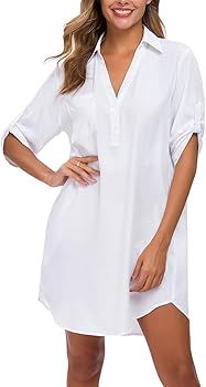 MANAIXUAN - Vestido de camisa para mujer, cuello en V, manga larga, holgado, informal, con bolsil... | Amazon (US)
