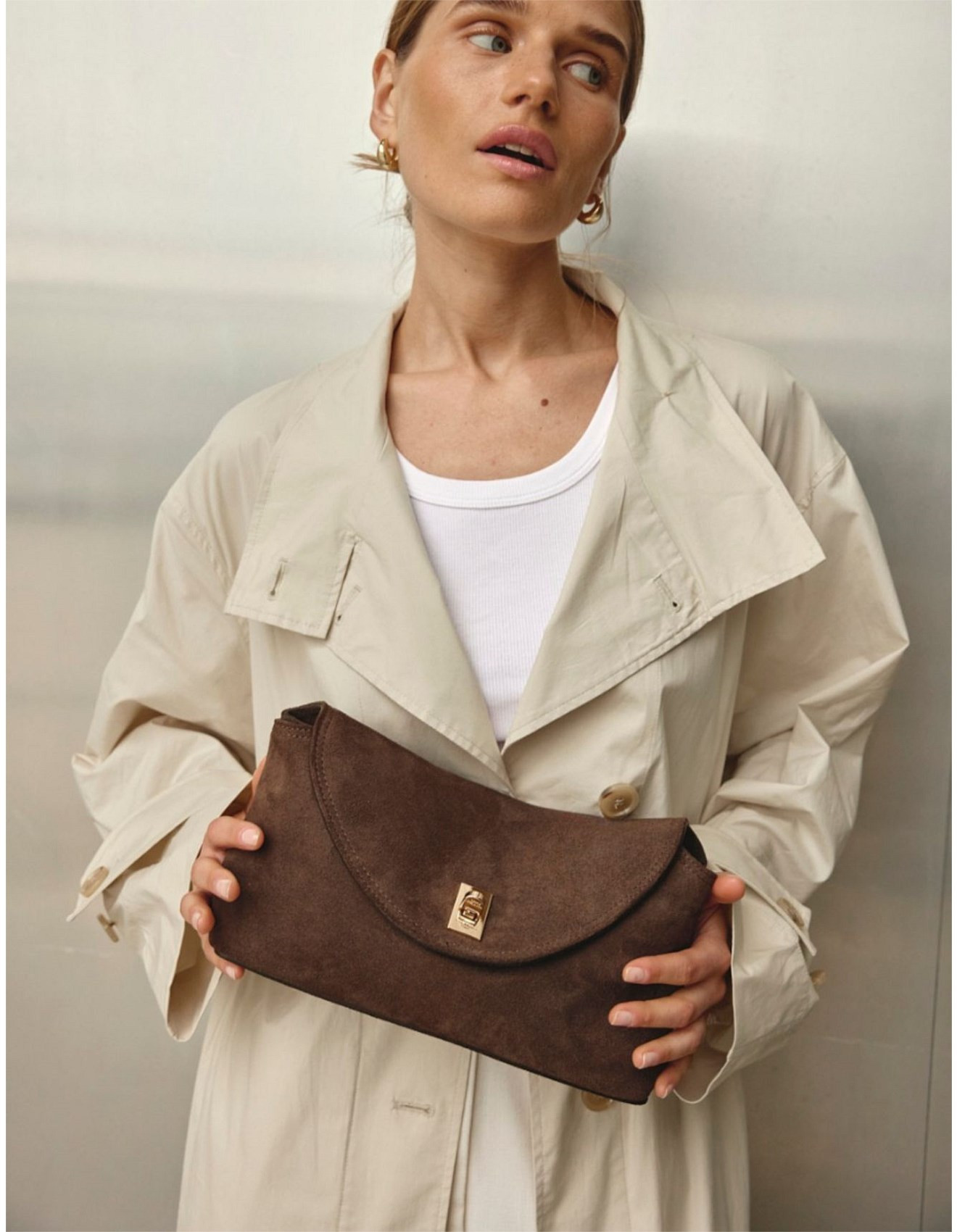 Sloane Small Dark Chocolate Suede Convertible Clutch | David Jones (Australia & New Zealand)