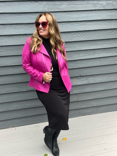 The Fall Barbie Influence is trending. The moto jacket is totally elevated in a fun fuchsia and paired with pink frame sunnies! A sleevless mock neck dress transitions beautifully into Fall. Keeping on trend with the western influence with my tall black boots

#LTKSeasonal #LTKxNSale #LTKBacktoSchool