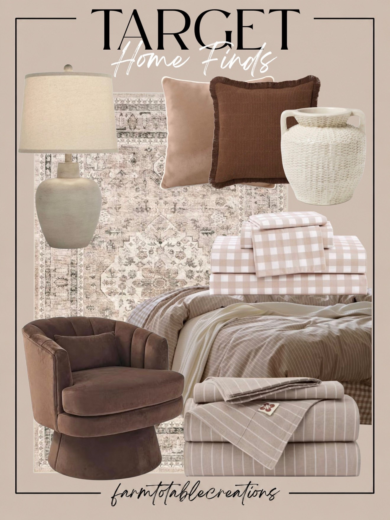 Target Cozy Bedroom Finds 🤎

Target has some seriously cozy bedroom finds right now! I love the mix of warm mocha tones, soft blush neutrals, subtle patterns, and vintage-inspired textures. The layered bedding, plush swivel chair, neutral rug, and oversized lamp create such a warm, relaxed look for heading into fall.

Follow @farmtotablecreations on Instagram for more cozy home finds and trending decor.

This is the perfect example of making a bedroom feel seasonal without using obvious fall decor. Layer in richer browns, creamy neutrals, gingham, stripes, and a few textured pillows for a space that feels cozy now but can easily transition through the rest of the year.

#LTKHome #TargetFinds #TargetHome #TargetStyle #BedroomDecor #CozyBedroom #BedroomInspo #FallBedroom #FallHome #CozyHome #NeutralBedroom #HomeFinds #WarmNeutrals #HomeDecor #TargetDecor

#LTKHome #LTKSaleAlert