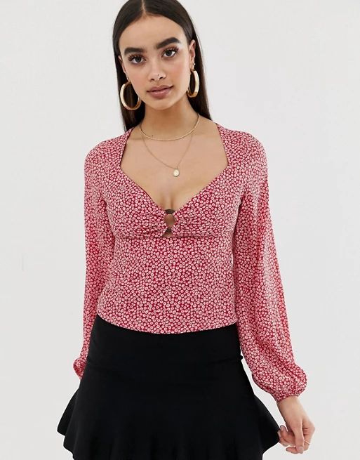 Fashion Union balloon sleeve blouse with ring detail in floral | ASOS US