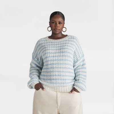 KBB by KAHLANA Women's 'The Oversized Drop Shoulder Crewneck Pullover Sweater' - Cream/Blue | Target