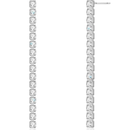 Rhinestone Earrings Dangling - Long Silver Tone Dangle Earrings for Women, CZ Drop Dangles, Dangly Chandelier Stud, Dangling Cubic Zirconia Faux Diamonds Drops for Bride, Prom or Homecoming | Amazon (US)