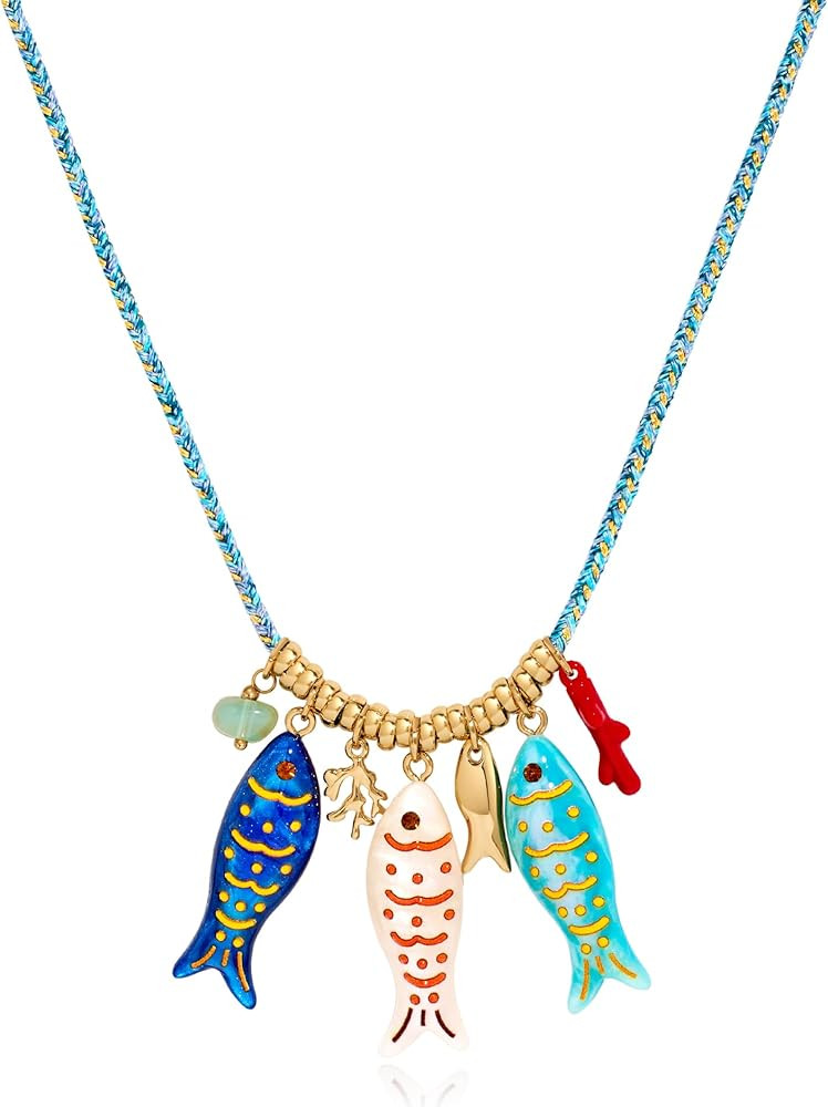 MUYAN Boho Colored Acrylic Fish Charm Necklace with Bright Blue Cord Chain Seashore Beach Necklac... | Amazon (US)