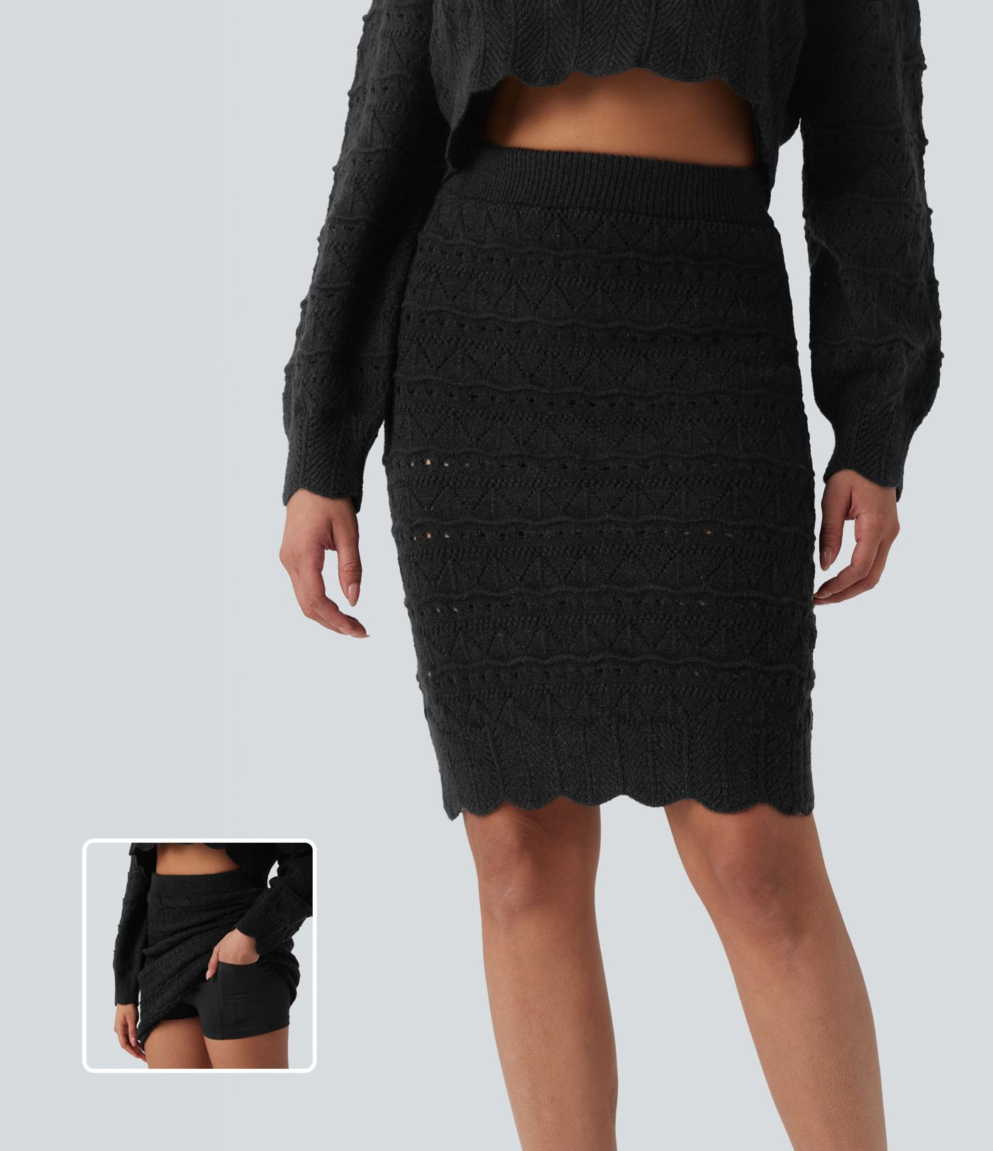 Women’s High Waisted 2-in-1 Open Knit Knee Length Casual Sweater Skirt with Pockets - Halara | HALARA