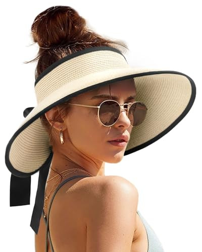 Amazon.com: Camptrace Sun Visors for Women Wide Brim Beach Hat Foldable Straw Visor Hat Ponytail ... | Amazon (US)