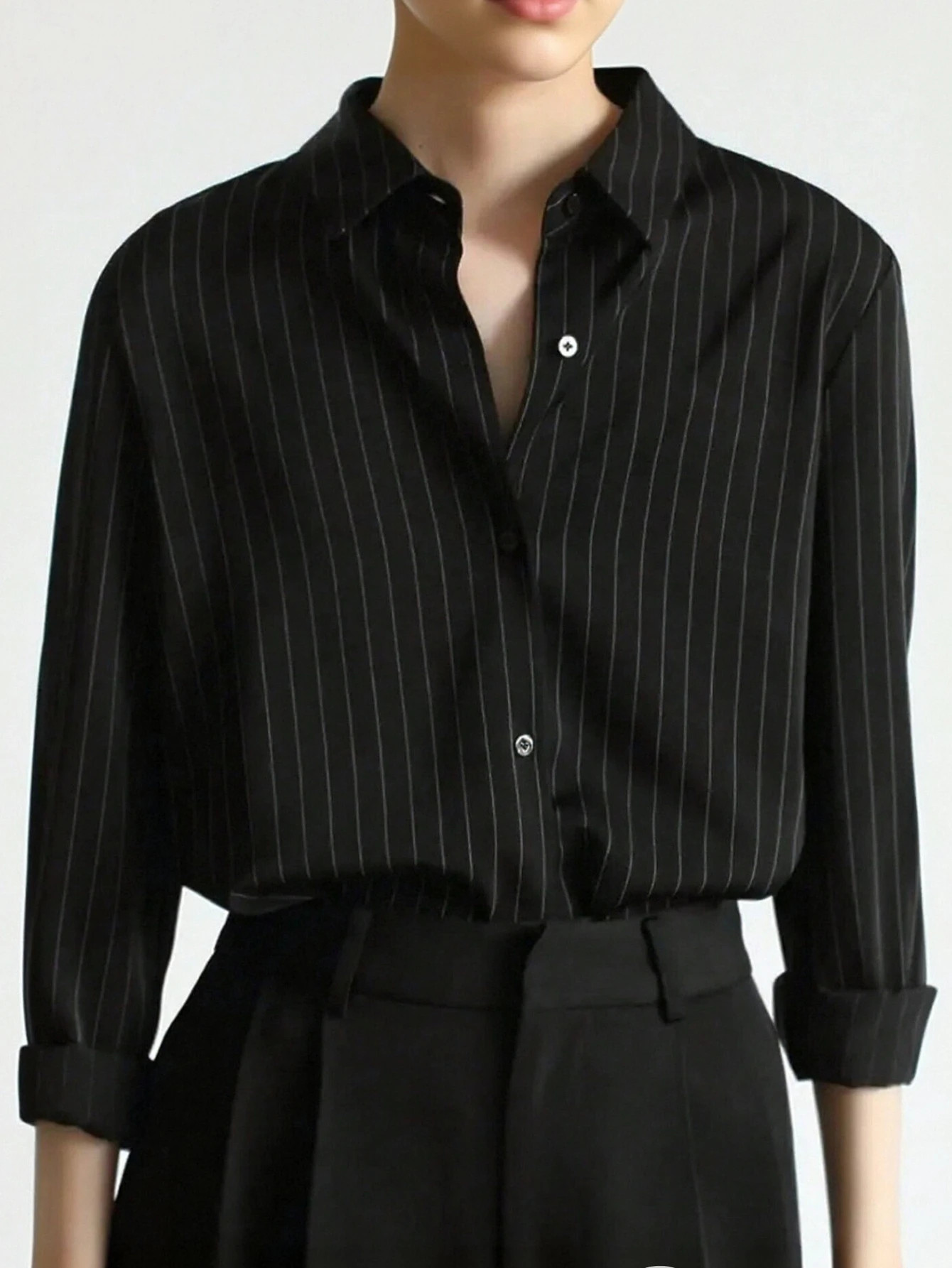 Women's Spring/Summer Front Button Collar Long Sleeve Casual Loose Striped Blouse | SHEIN