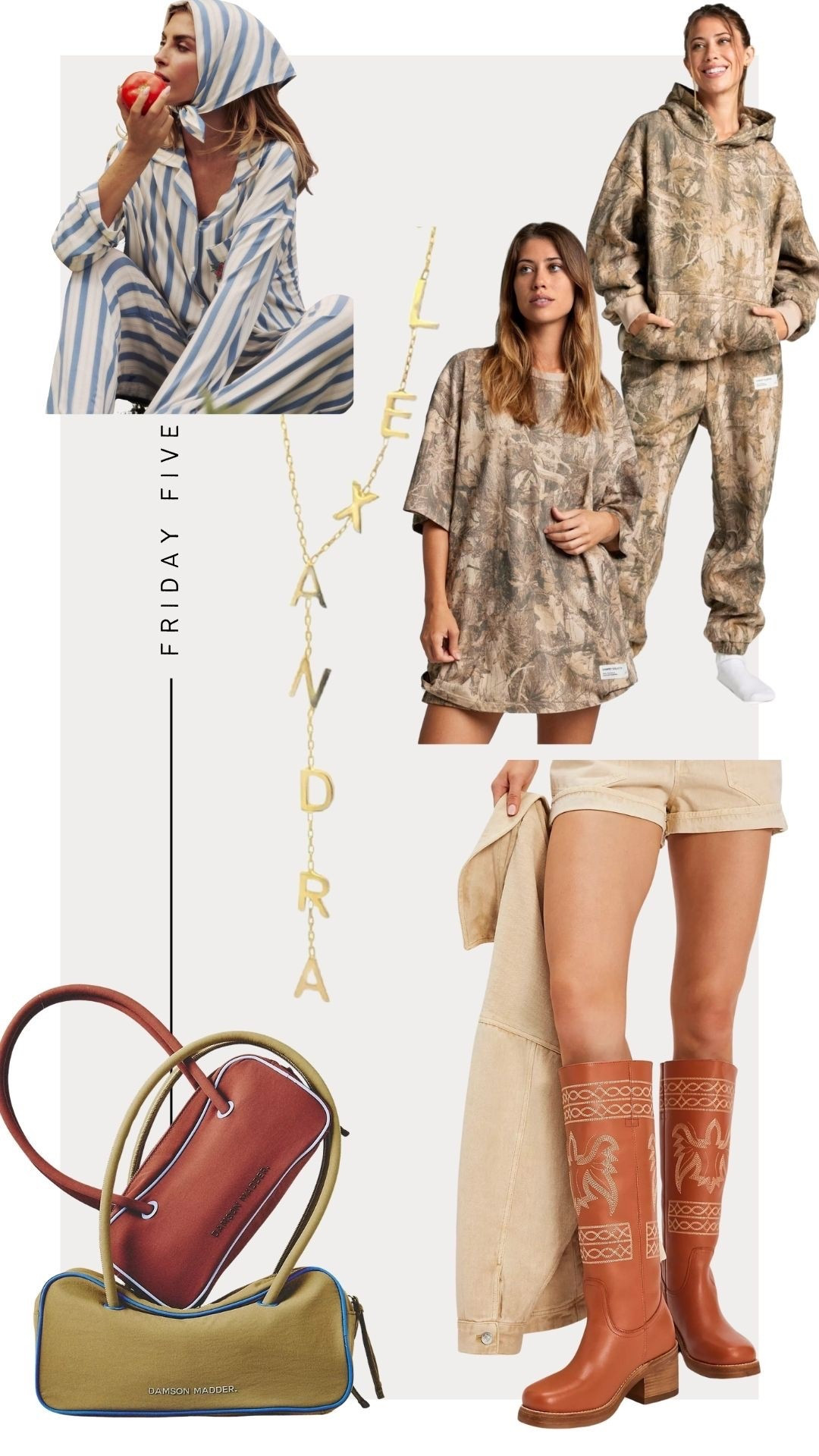 Friday Five: 8-1-25
1. Dairy Boy Sleep Set
2. Comfrt Camo Sweats 
3. Alexandra Madison Lariat Name Necklace
4. Damson Madder Bowling Bag
5.  Equestrian Boots 

#LTKShoeCrush #LTKItBag #LTKStyleTip