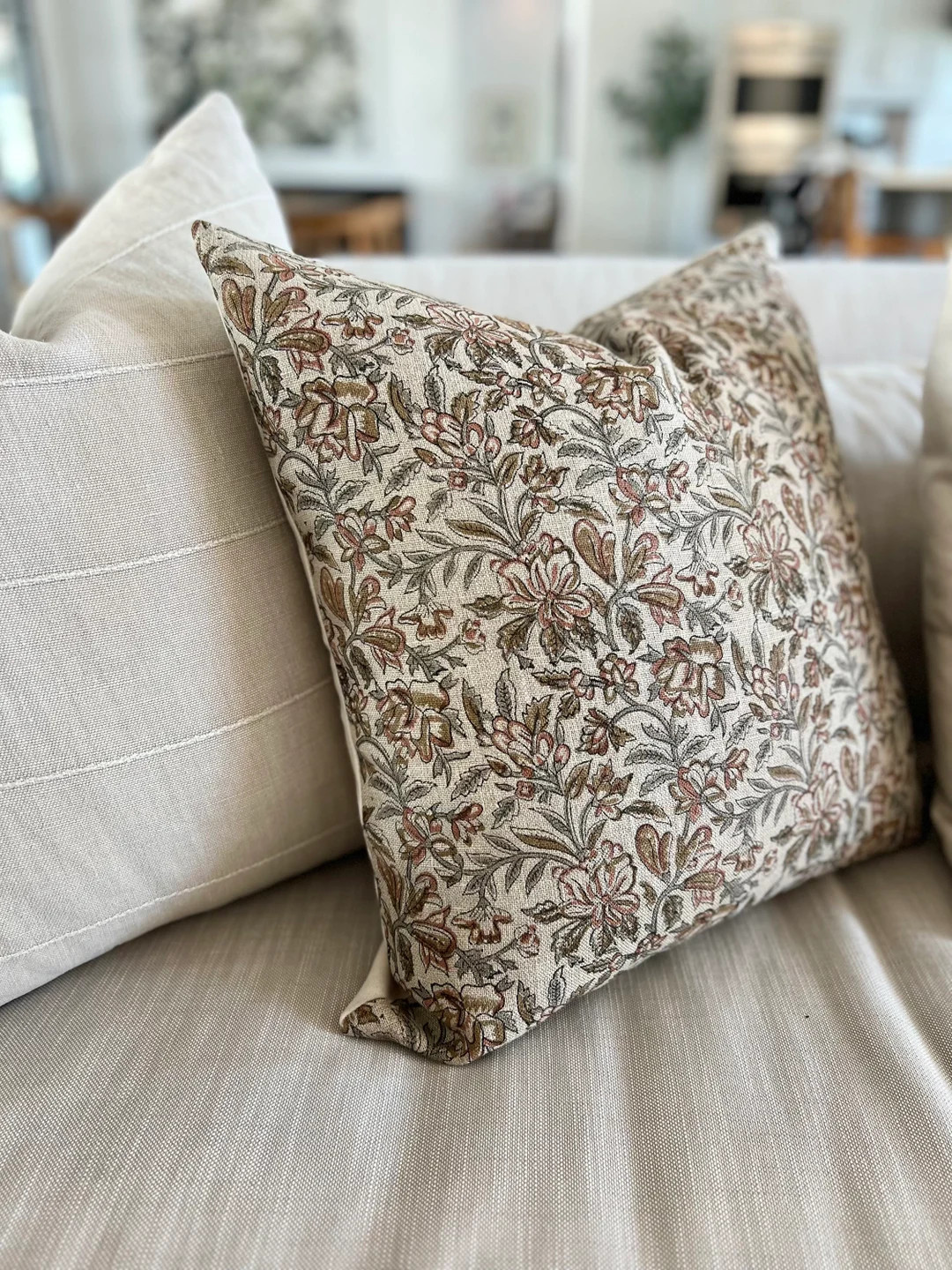 Floral Pillow Cover Cotton Linen Blend Beige Rust Mustard Gray Rustic Shabby Chic Botanical Sofa ... | Etsy (US)
