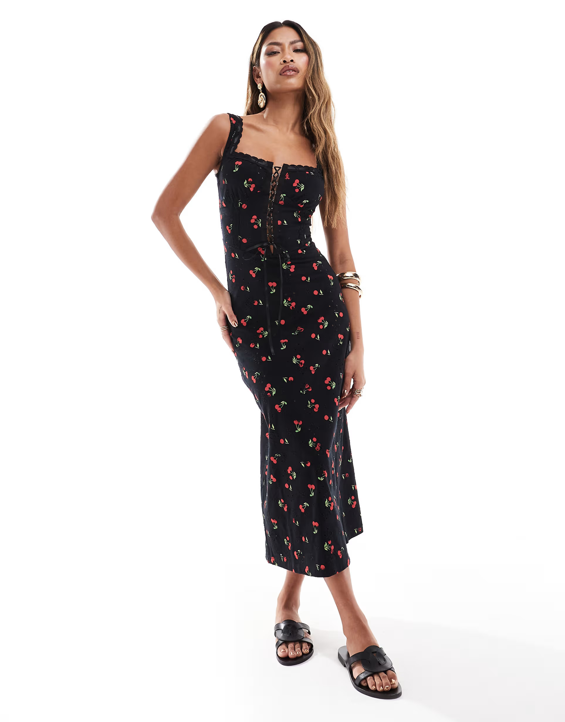 ASOS DESIGN cami strap broderie midi dress with corset bodice & ribbon detail in cherry print | A... | ASOS (Global)