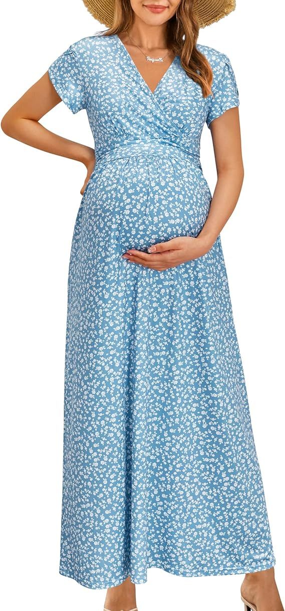 OUGES Maternity Maxi Dress Wrap V Neck Baby Shower Pregnancy Dresses for Photoshoot | Amazon (US)