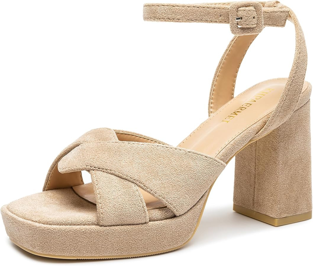 KHPAERMEI Chunky Platform Heels for Women 3.54 Inches Heeled Sandals Comfy Suede Open Toe Ankle S... | Amazon (US)