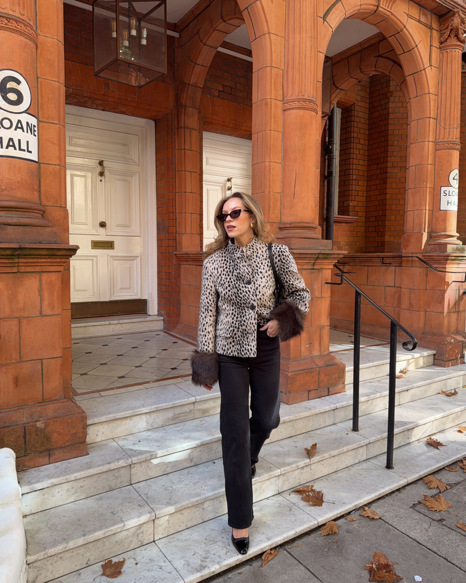 Animal print jacket, Levi’s jeans, slingbacks