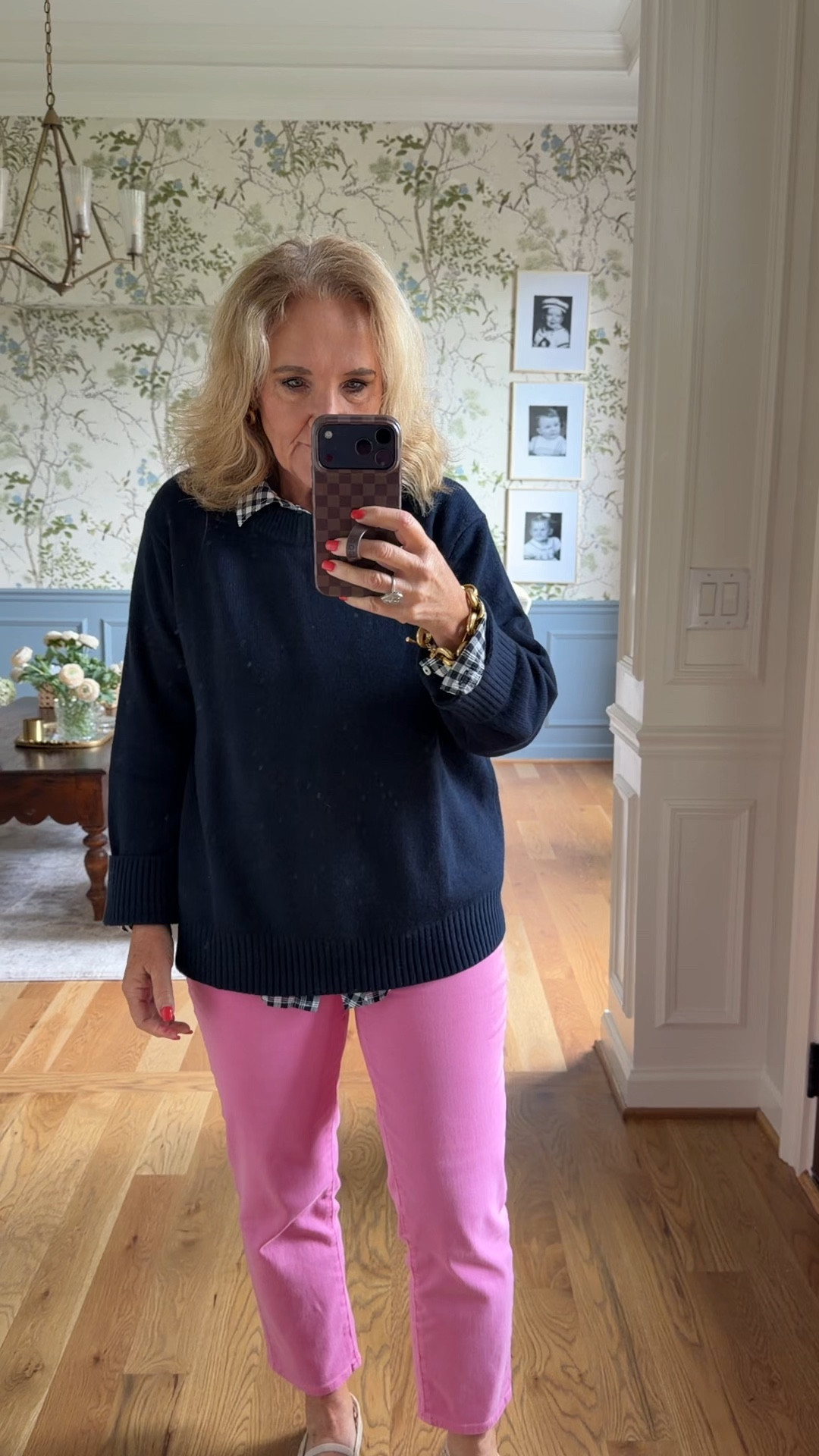 Quince cashmere size medium 
Gingham blouse medium 
Jeans 6 reg 
Loft these ballet flats! 

#LTKOver40 #LTKootd #LTKSaleAlert