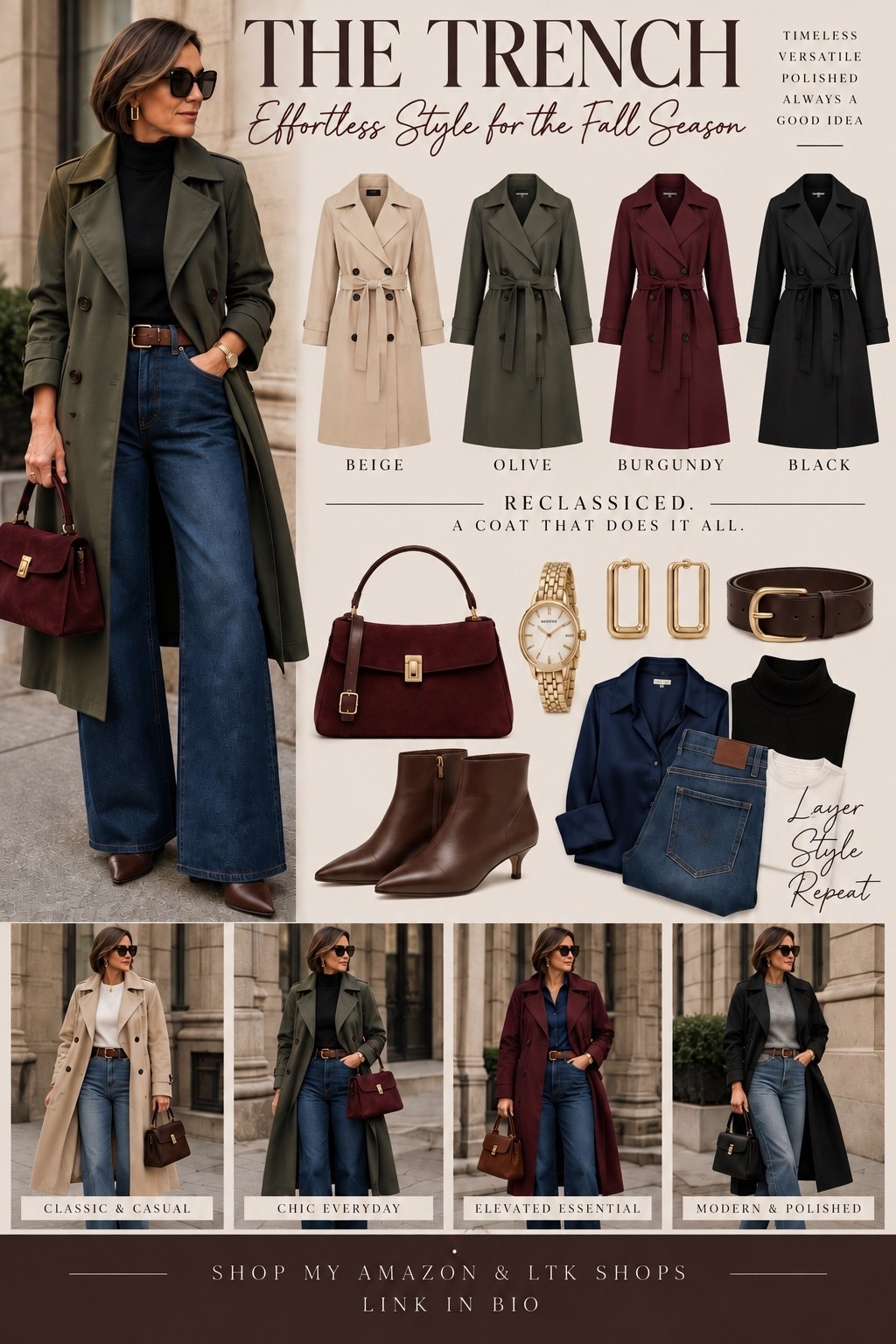 The trench coat is having a moment—but this is one fall piece that never really goes out of style. 🤎🍂 I found these classic trenches in the prettiest fall shades—beige, olive, burgundy & black—and styled each one to show just how versatile they can be. Timeless, polished and easy to wear with pieces you probably already have in your closet. These are the kind of staples you’ll reach for fall after fall.

Shop the trench coats + all the pieces to recreate the looks in my LTK & Amazon Storefront. ✨

#FallStyle #TrenchCoat #FallOutfits #ClassicStyle #TimelessStyle #Over50Style #FallFashion #AffordableStyle #ElevatedBasics #AmazonFashion #LTKStyle

#LTKMidsize #LTKOver40 #LTKootd