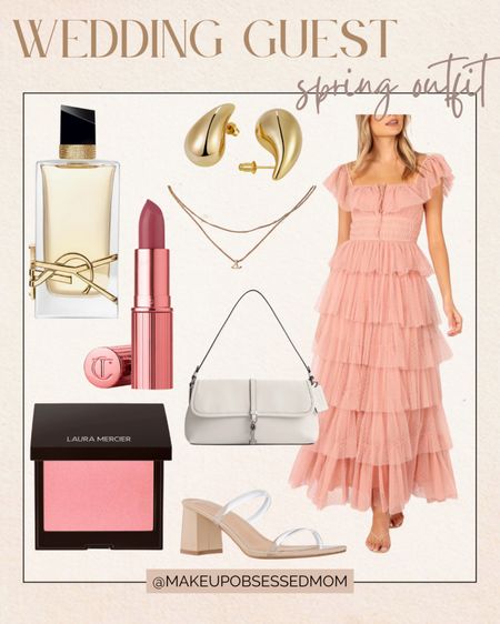 Step up your wedding guest style with this outfit idea! A pastel pink ruffle layered maxi dress, paired with a white purse, chic transparent heels, and more! #formalwear #outfitinspo #womenover50 #springfashion

#LTKshoecrush #LTKbeauty #LTKstyletip