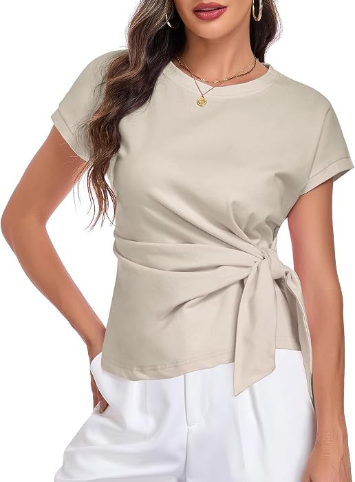 HOTIAN Womens Cap Sleeve T Shirts 2026 Tie Waist Wrap Tops Crew Neck Blouses Dressy Casual Loose Work Business Dressy | Amazon (US)