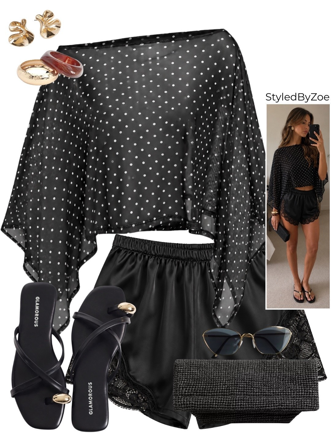 Polka dots, satin shorts and strappy sandals ☀️ this summer outfit formula is giving effortless evening energy. The shawl top over lace trim satin shorts is one of those combinations that looks way more intentional than it is. Gold studs, cat eye sunglasses and a woven clutch to finish🤍

#summeroutfits #polkadot #satinshorts #holiday-outfit #vacationoutfit #raffiabag

#LTKuk #LTKsummer #LTKeurope