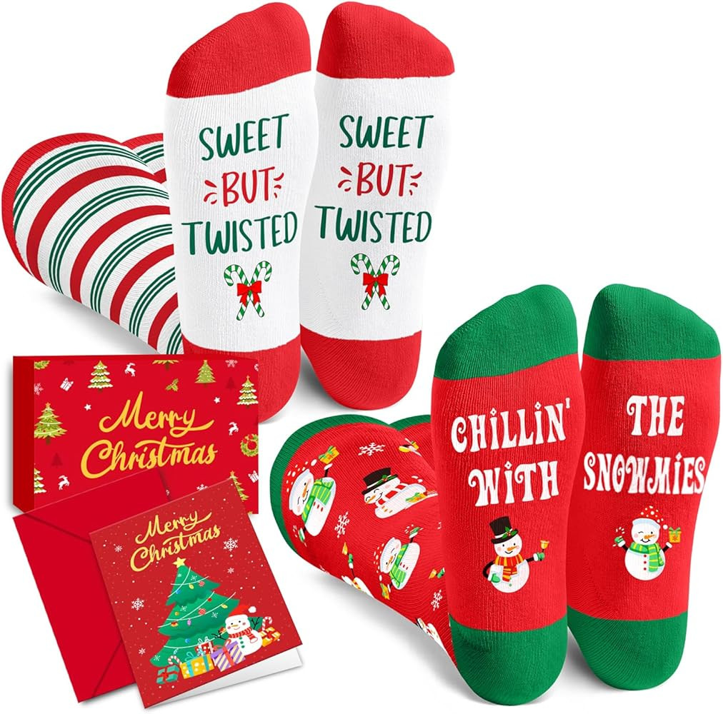 HAPPYPOP Christmas Knee High Socks Women - Elf Santa Xmas Socks Stocking Gifts with Card | Amazon (US)