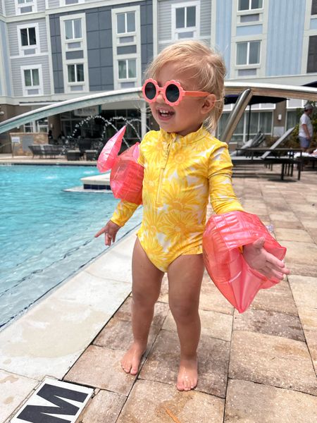 Super cute toddler swimsuits this season at Walmart. Glasses from Target 🩷