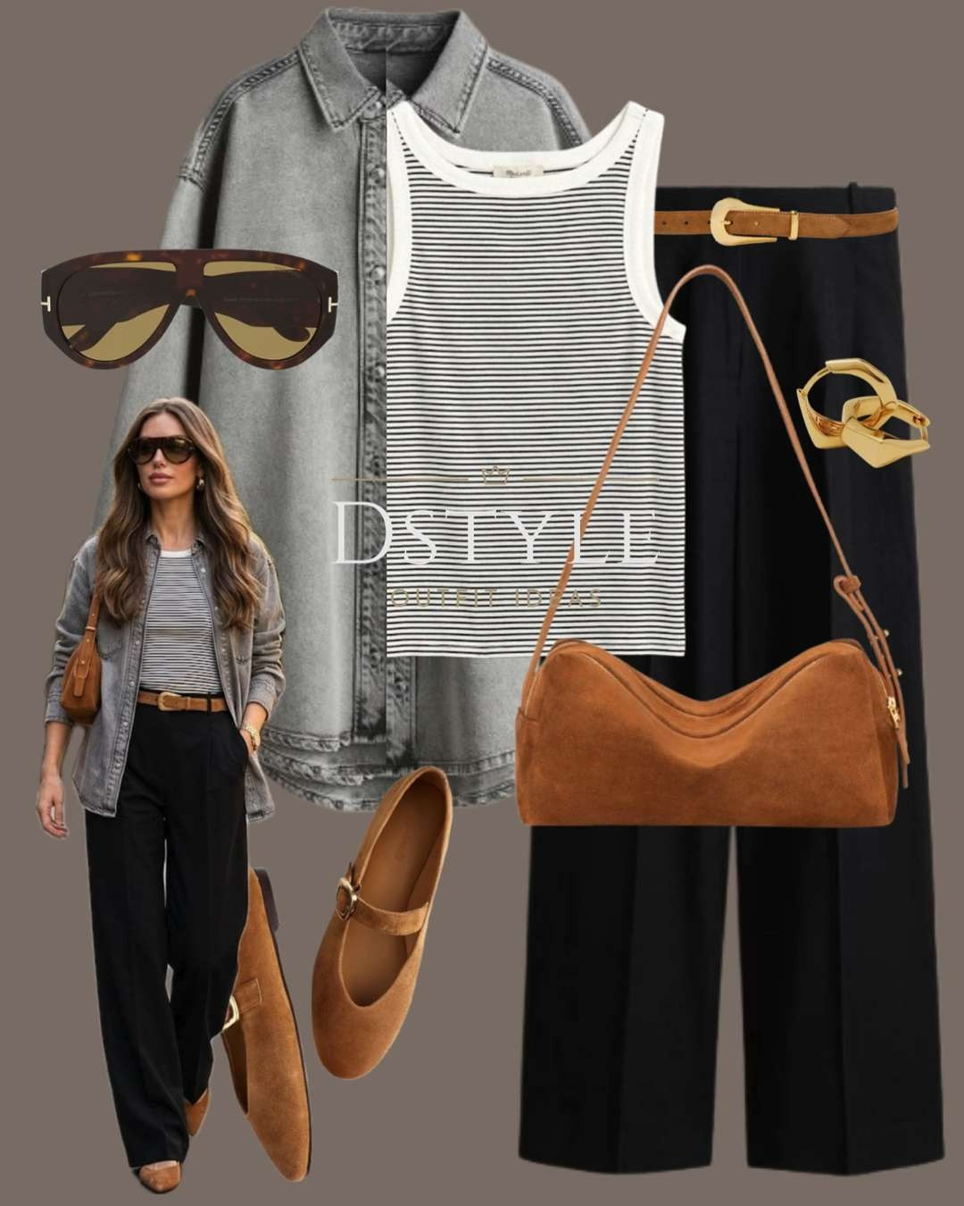 The mix of grey denim and classic stripes feels fresh, while the camel suede accessories add that essential warmth to a monochromatic base.

Grey denim shirt outfit, striped tank top style, black wide leg trousers, camel suede accessories, everyday chic, French girl style, capsule wardrobe, transitional spring outfit. 

 

#LTKootd #LTKSeasonal #LTKOver40