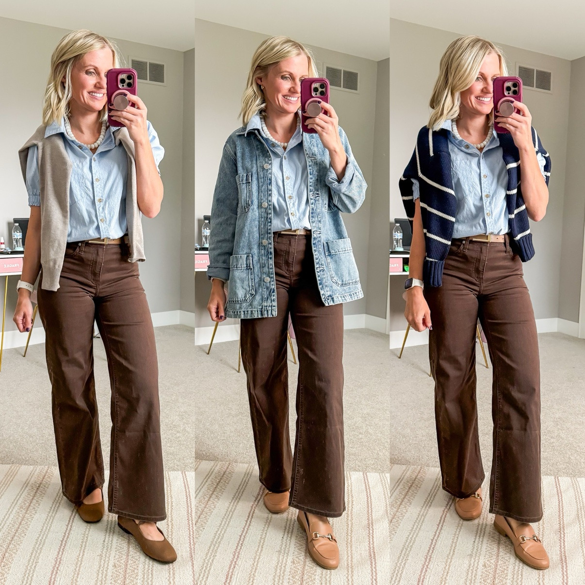Fall Capsule 2026 🍂 Three ways I'm styling my brown wide-leg pants! This is look 7 of 7 with this piece — my 20-piece capsule mixes and matches into 120 outfits. Which one is your favorite?! Shop the pieces on my LTK! 🤎 

 #fallcapsulewardrobe #capsulewardrobe #falloutfits #fallfashion #petitestyle #affordablefashion #ltkstyle #ltkfall