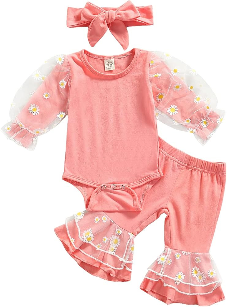 Madjtlqy Baby Girls Bell Bottoms 3Pcs Daisy Outfits Mesh Patchwork Playsuit Flared Pants Headband | Amazon (US)
