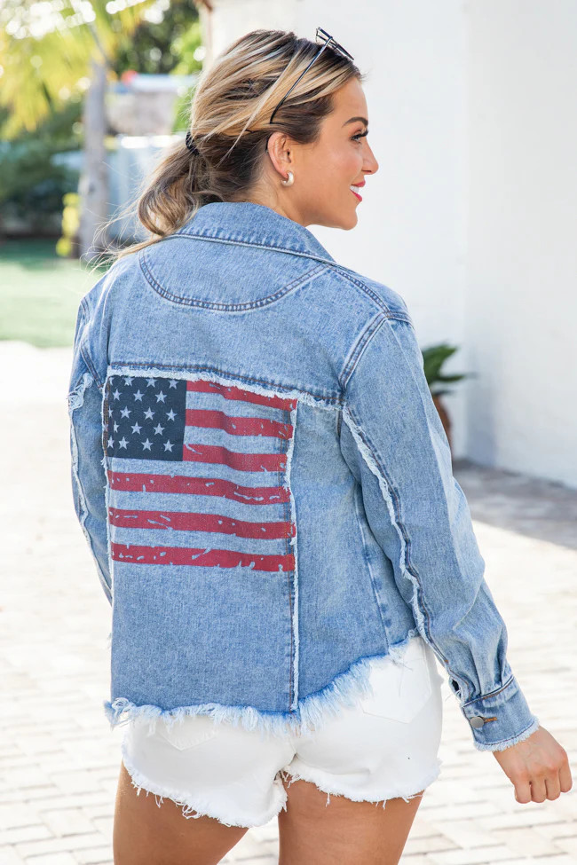 Freedom Rings Medium Wash Flag Print Denim Jacket | Pink Lily