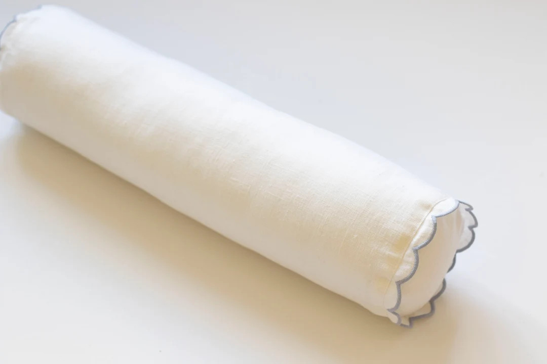 Snow White Linen Bolster Pillow Cover With Light Blue Scalloped Edges - 12x45cm (4,7x18") | Home ... | Etsy (US)