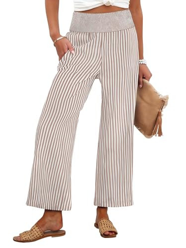 ANRABESS Women Striped Gingham Wide Leg Palazzo Pants Casual Lounge Cropped PJ Bottoms Comfy Cute Plaid Pants with Pockets Light Brown White Stripe Small | Amazon (US)