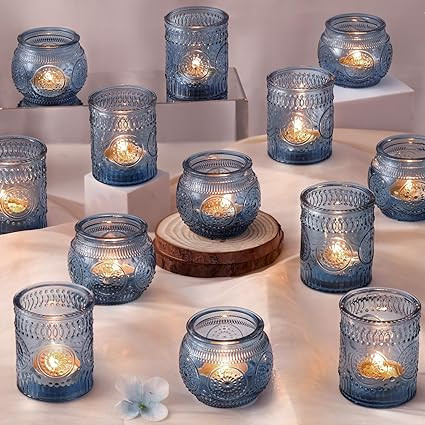 24Pcs Blue Votive Candle Holders - Vintage Candle Holders Bulk, Glass Candle Holder for Party Dec... | Amazon (US)