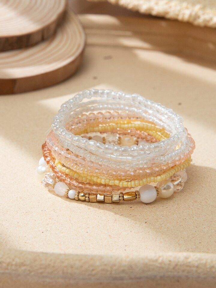 10pcs Bohemian Style Resin Beaded With Elastic Crystal Strand | SHEIN