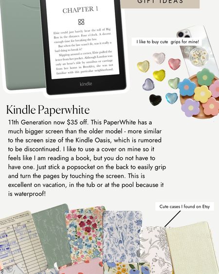 Love the Kindle PaperWhite and right now it's on sale! This is a great price for something that encourages getting off of screen time! If you scroll to the left you can see that the screen of the new PaperWhite is much bigger than the old one. It's also waterproof! 

If you don't want a cover, you can just use a grip like a pop socket. Or if you want a cover, most of these have smooth surfaces so you can attach a pop socket to the cover - except for the fabric ones  

#LTKtravel #LTKGiftGuide