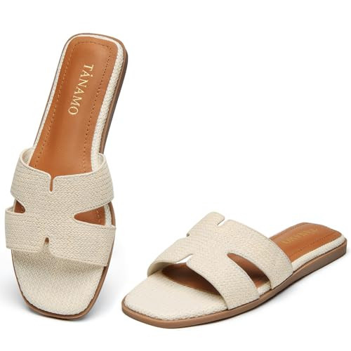 Tanamo Beige Women's Slide Sandals, Comfortable Flats Summer Dressy Casual Beach Open Toe Shoes Slip On Leather Flat Sandals Size 7 | Amazon (US)