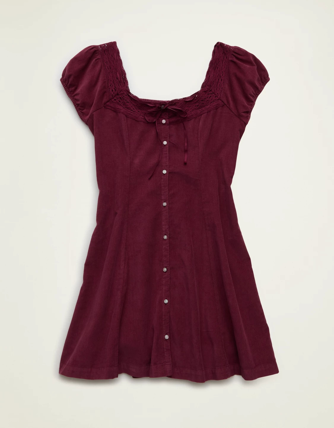 AE Corduroy Tie-Front Lace Mini Dress Women's Bordeaux S | American Eagle Outfitters (US & CA)
