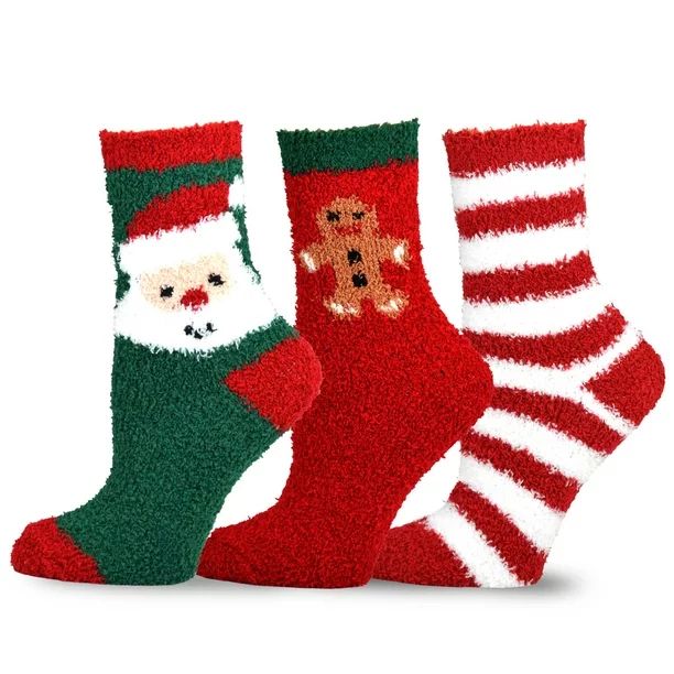 TeeHee Christmas Holiday Cozy Fuzzy Crew Socks 3-Pack for Women (Santa and Stripes) - Walmart.com | Walmart (US)