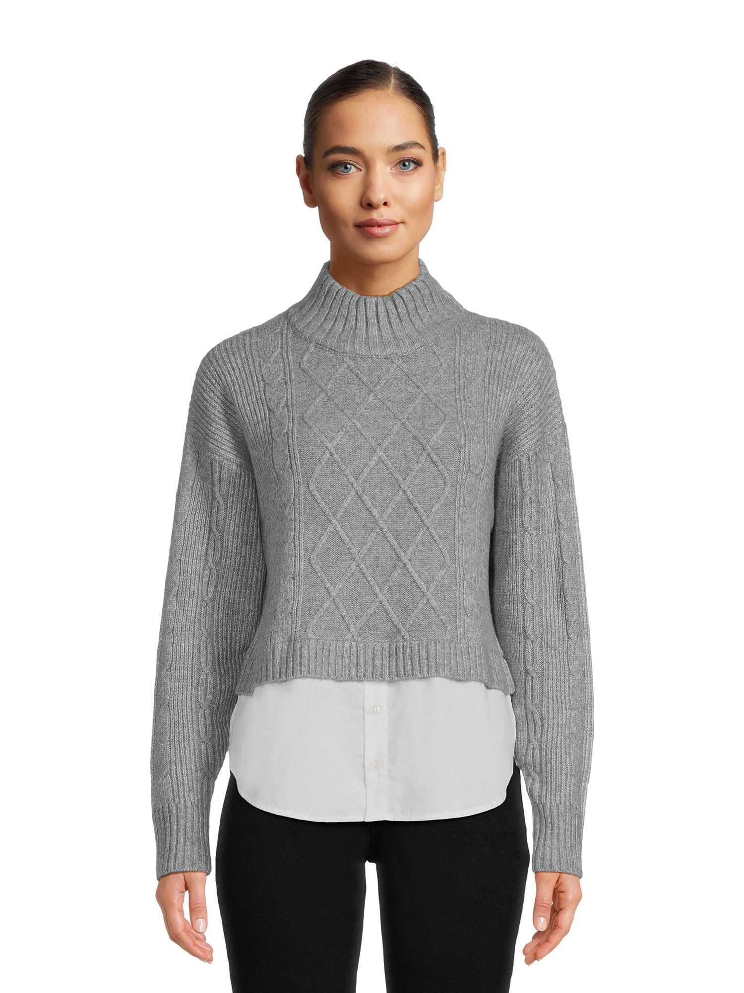 Time and Tru Women's Cable Knit Poplin Layer-Look Sweater, Sizes XS-XXXL | Walmart (US)