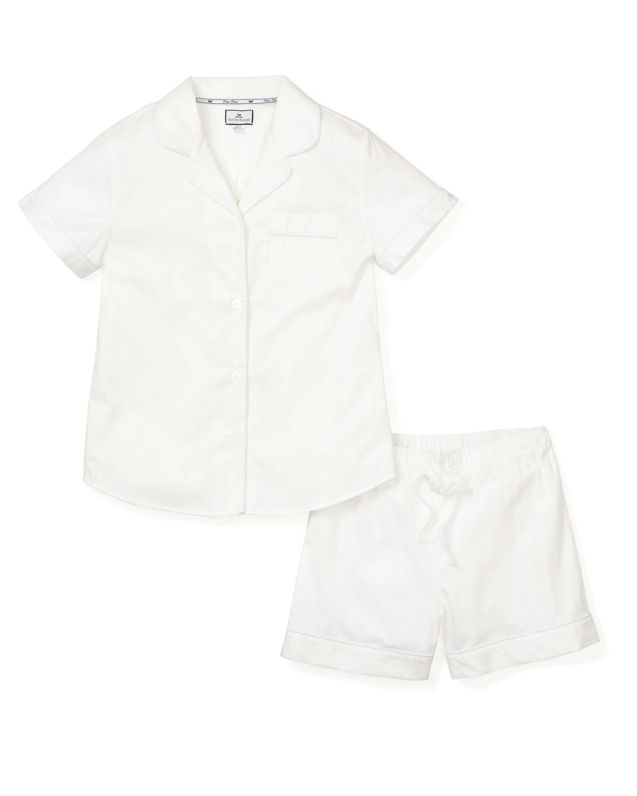 Women's Twill Pajama Short Set in White | Petite Plume