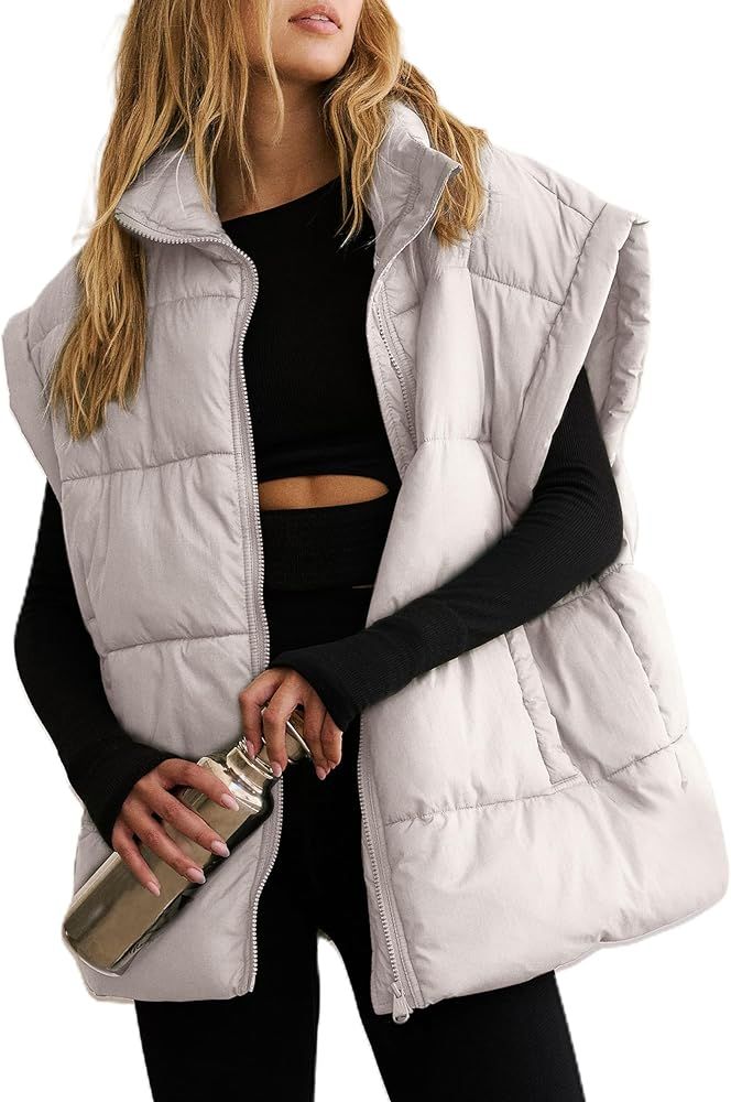 Daacee Women's Oversized Puffer Vest Lightweight Warm Cap Sleeve Puffy Bubble Outerwear Vests with P | Amazon (US)