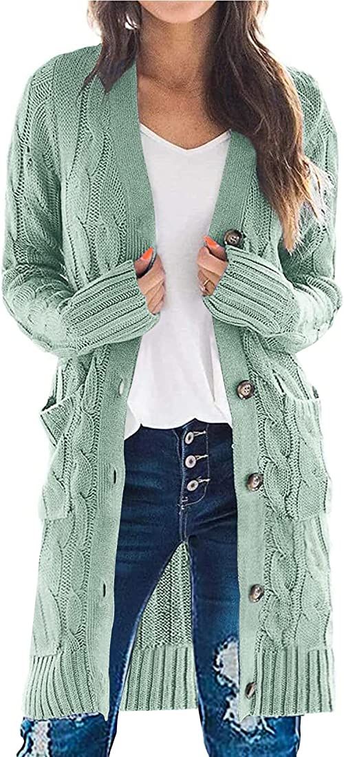 PRETTYGARDEN Women Long Sleeve Cable Knit Button Down Midi Long Cardigan Sweater Open Front Chunky K | Amazon (US)