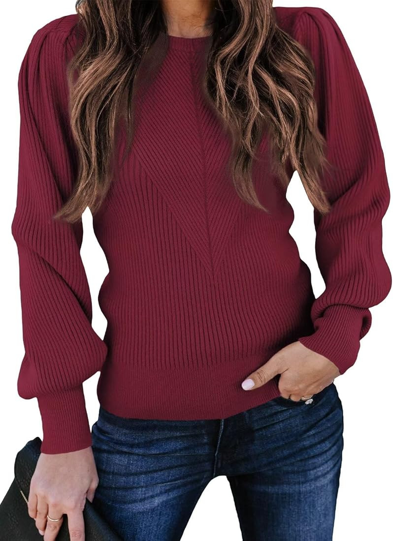 Dokotoo Womens Ribbed Knit Long Lantern Sleeves Sweater Crewneck Casual Slim Fit Pullover Jumper ... | Amazon (US)