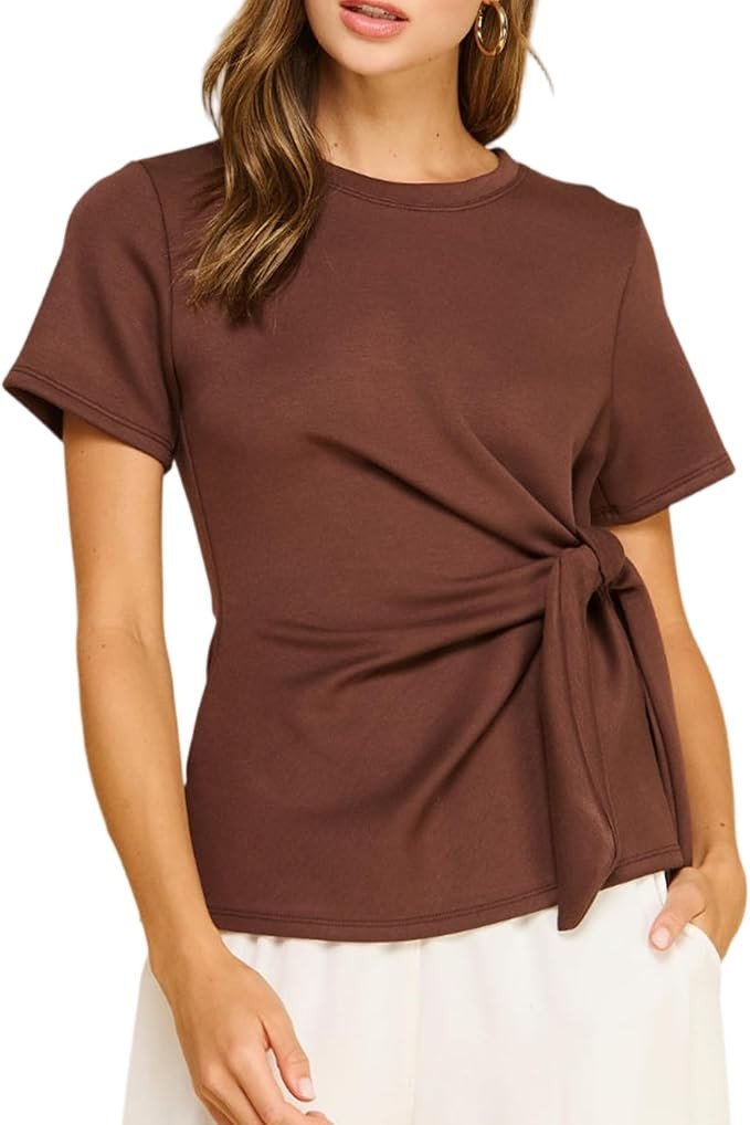 SeeLuNa Women Knot Going Out Tops Crewneck Short Sleeve T Shirts Tie Waist Stretch Elegant Blouse... | Amazon (US)