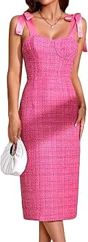 WDIRARA Women's Tie Shoulder Tweed Sleeveless Backless Split Hem Solid Cami Midi Dress | Amazon (US)