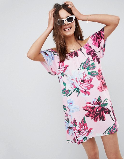 ASOS Off Shoulder Sundress in Pink Floral Print | ASOS US