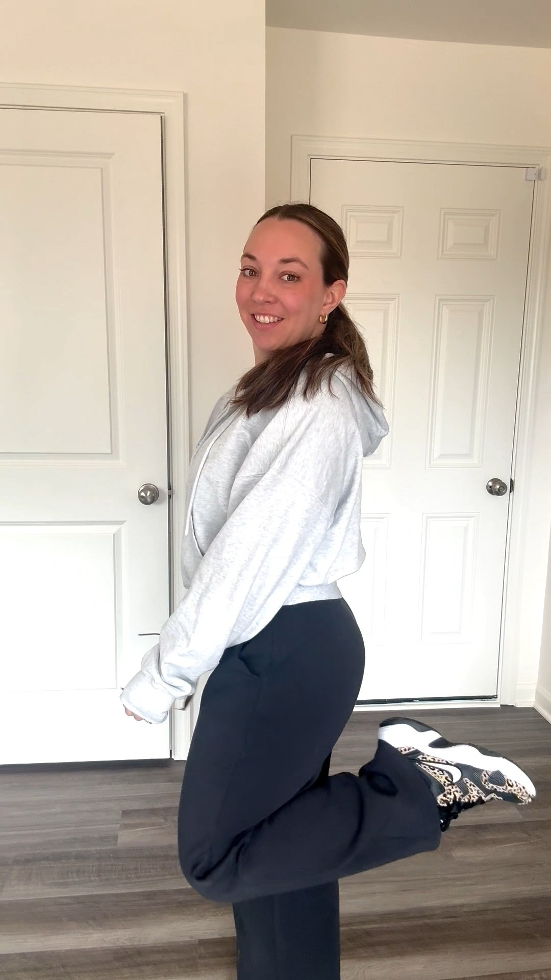 Leopard sneakers wide leg sweats spring outfit mom outfit midsize cropped hoodie black pants 

Hoodie - Medium, linked similar
Pants - Small ( sized down one)
Sneakers - 8, true to size 
Tshirt - Medium

#LTKmomlife #LTKMidsize #LTKootd