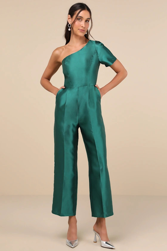 Divine Dream Emerald Satin Jumpsuit Green Jumpsuit Outfit Holiday Jumpsuit Dressy Jumpsuit Wedding | Lulus