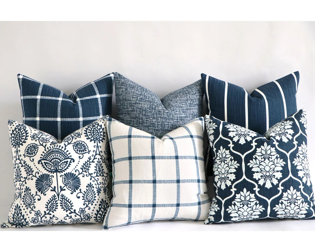 Navy Blue and White Farmhouse Decorative Throw Pillows Checks - Etsy | Etsy (US)