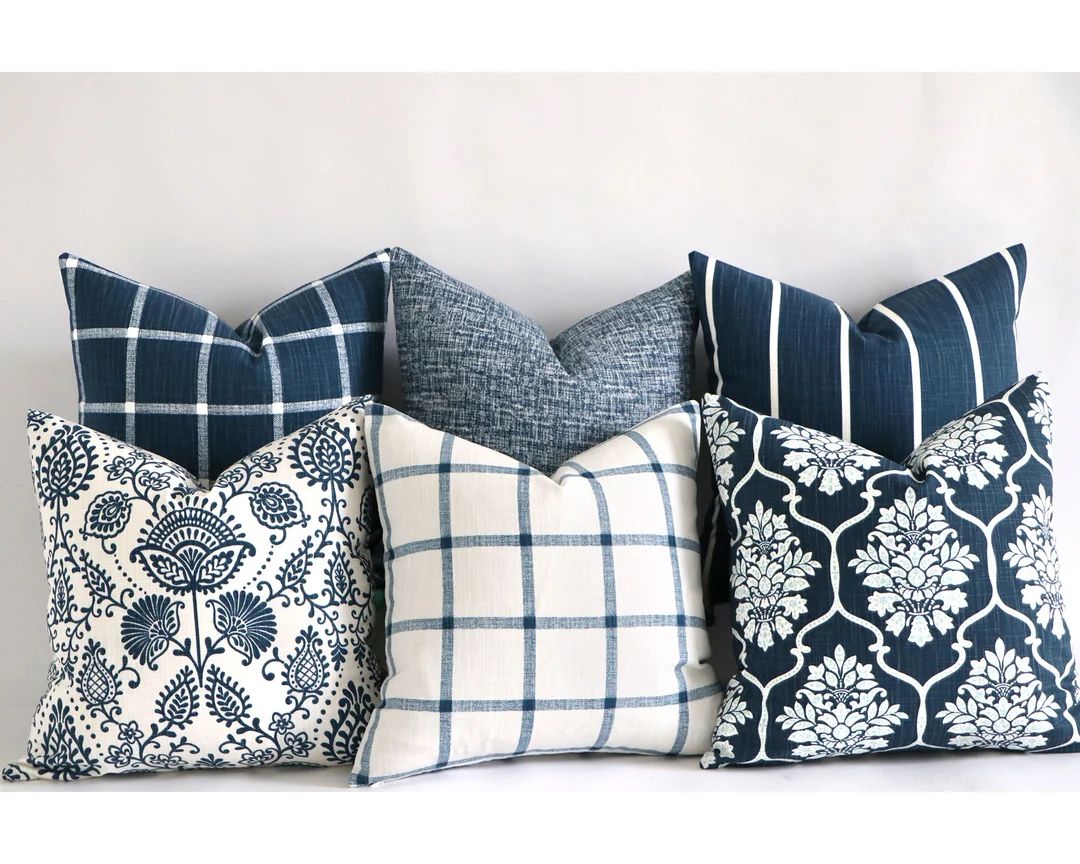 Navy Blue and White Farmhouse Decorative Throw Pillows Checks - Etsy | Etsy (US)