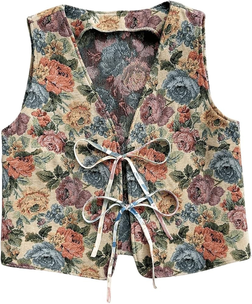GORGLITTER Women's Floral Bow Tie Front Vest Vintage V Neck Sleeveless Tank Top | Amazon (US)